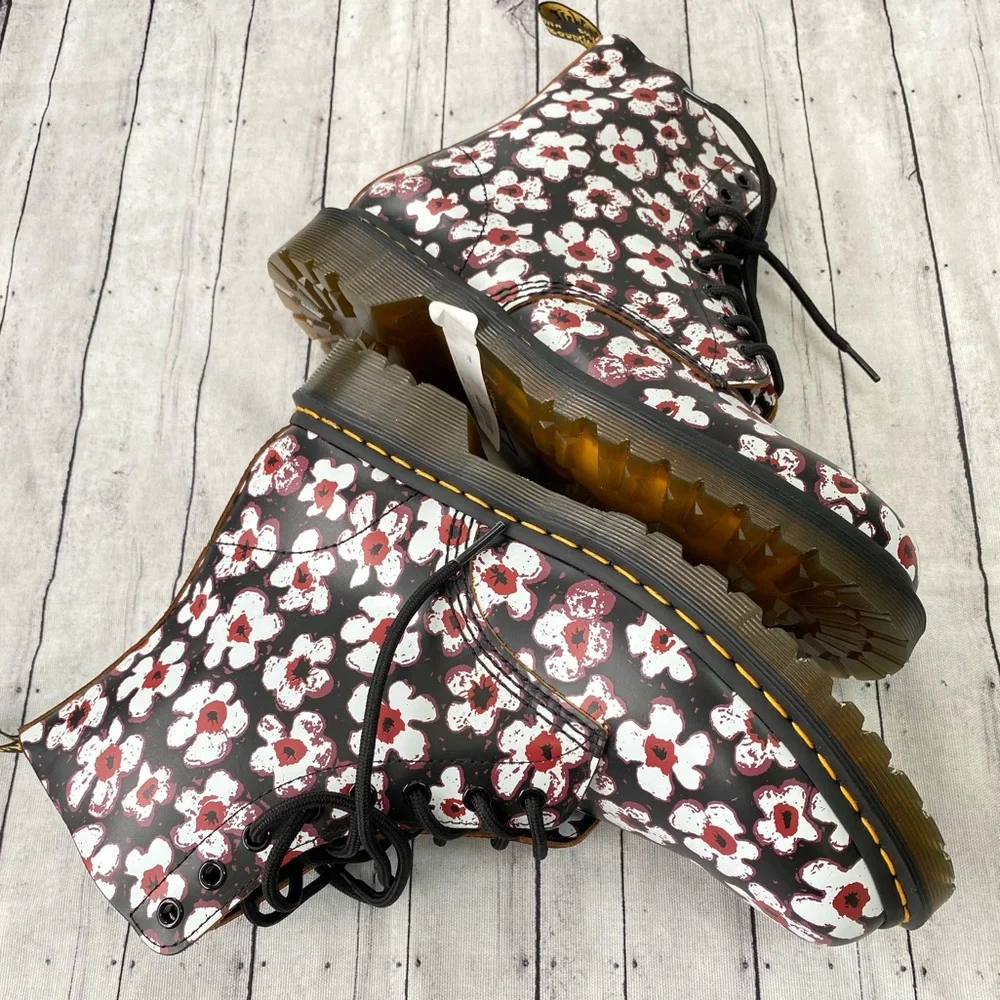 Dr. Martens Black Floral Patent Lace-Up Ankle Boots